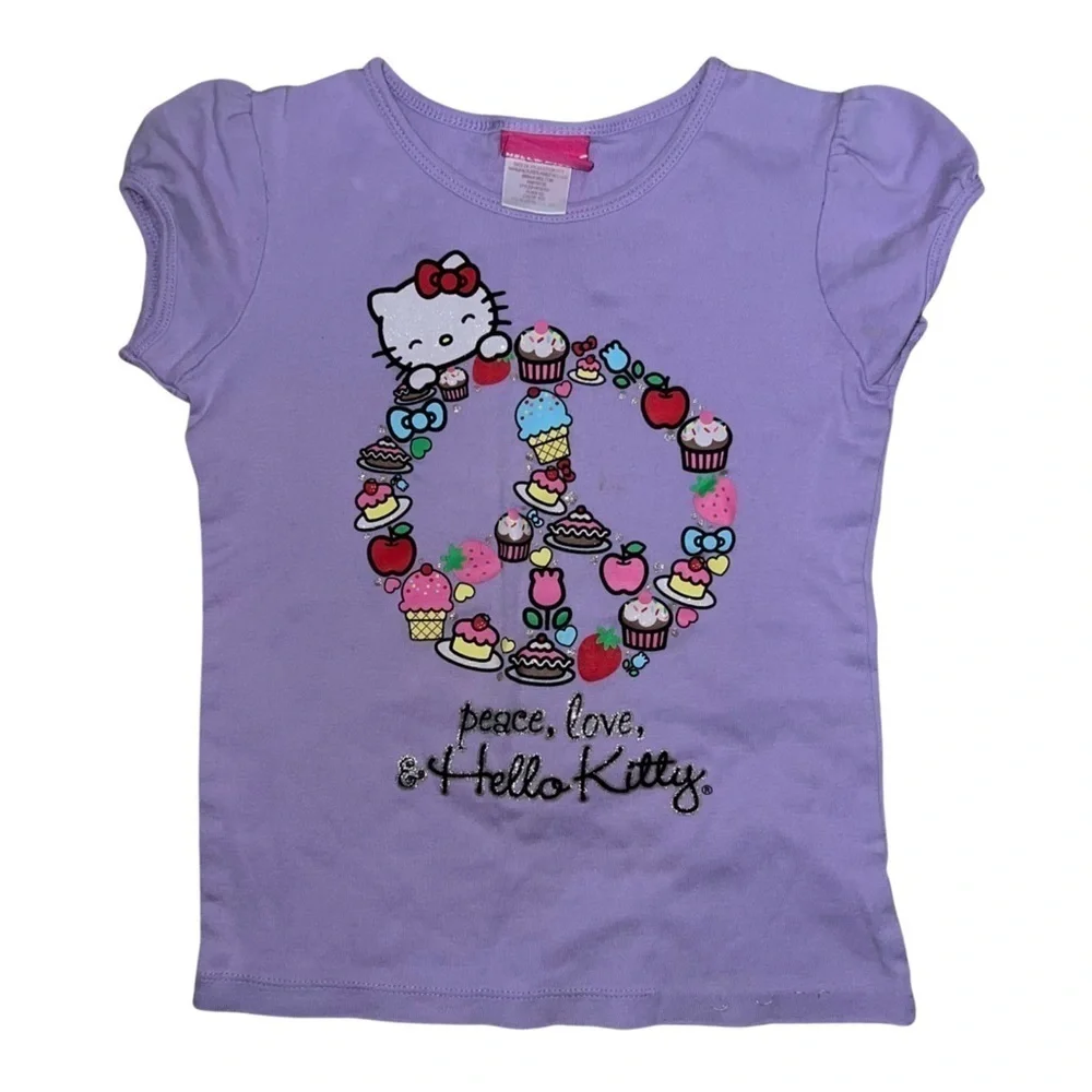 Sanrio Hello Kitty Purple Peace Sign Cake Apples T-shirt Girls Size 6X
